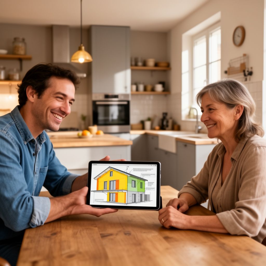 Un conseiller en rénovation énergétique souriant en train de présenter des solutions d'isolation thermique par l'extérieur (ITE) sur une tablette numérique à une propriétaire loirétaine, attablés dans une cuisine moderne et chaleureuse à Orléans.