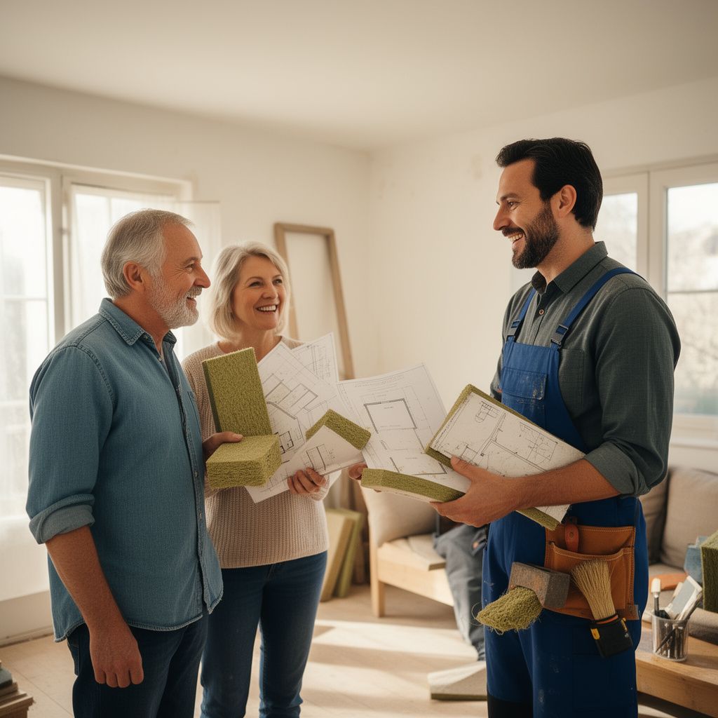 Un artisan chaleureux et souriant en tenue de tran.vail discrète, discutant avec un couple de propriétaires dans leur salon lumineux, tenant des échantillons d'isolants écologiques et des plans de rénovatio