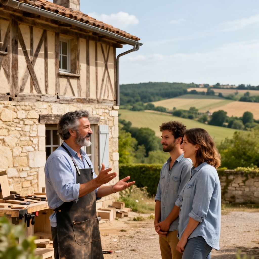 Un artisan chaleureux en tenue professionnelle discute avec un couple devant une belle maison en pierre et colombages typique du Lot-et-Garonne, en plein jour avec un paysage de coteaux verdoyants en arrière-plan.