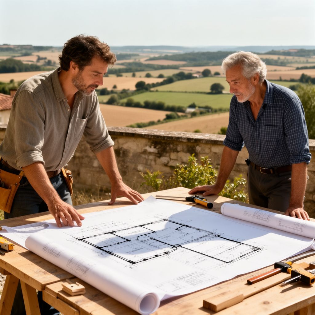 Un artisan et un client examinent des plans de rénovation énergétique sur une table, avec une vue sur une campagne vallonnée et ensoleillée du Lot-et-Garonne.